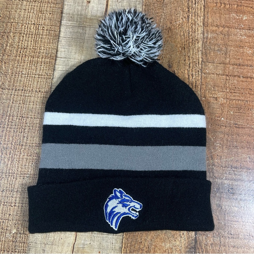 The Game Knit Wolf Patch Striped Pom Beanie Winter Fall Ski Snowboard Warm